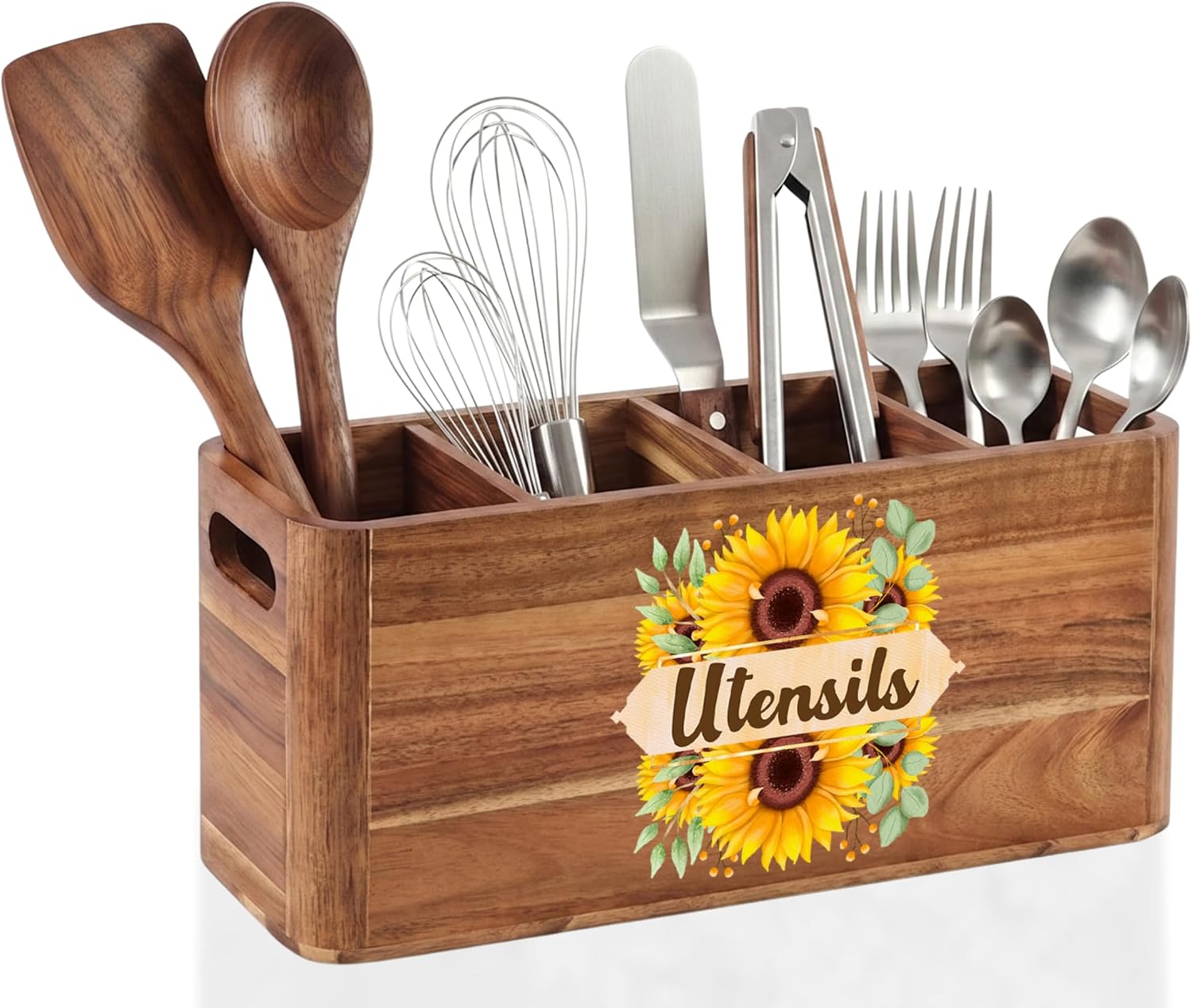 InnoBeta Sunflower Gifts Kitchen Utensil Holder for Counter or Countertop, Acacia Wood Organizer with 4 Compartments, Wooden Storage Utensil Crock for Sunflower Lovers