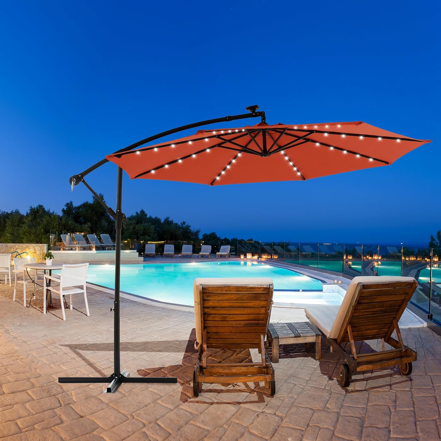 10FT Umbrella Outdoor Patio - Tilt Adjustable Offset Hanging Black Deck Umbrellas with 40 Solar Led Lights and 8 Ribs for Beach, Pool