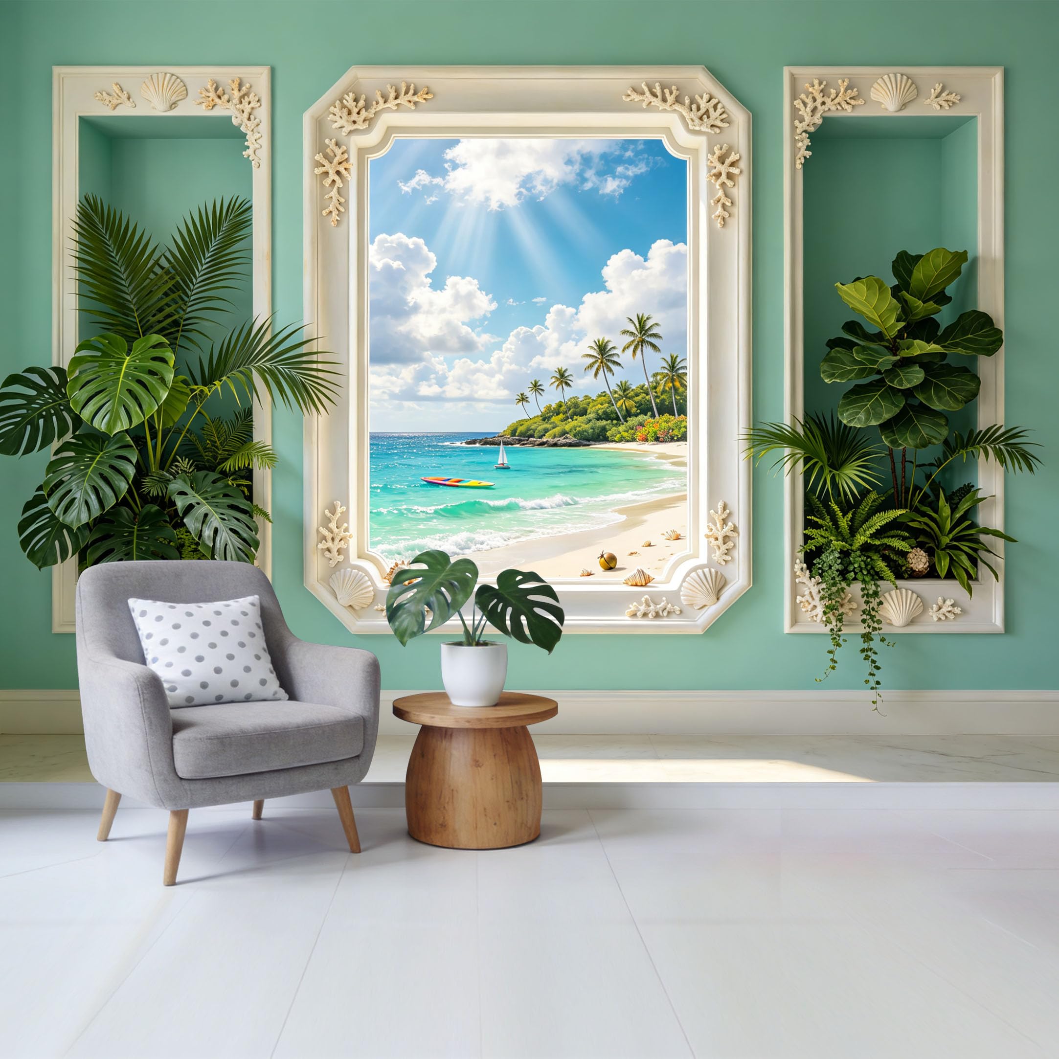Custom Size Wall Mural Tropical Coastal Beach Paradise with Palm Trees Ocean View 3D Window Removable Self Adhesive Fabric Home Wall Decor for Living Room Bedroom Bathroom
