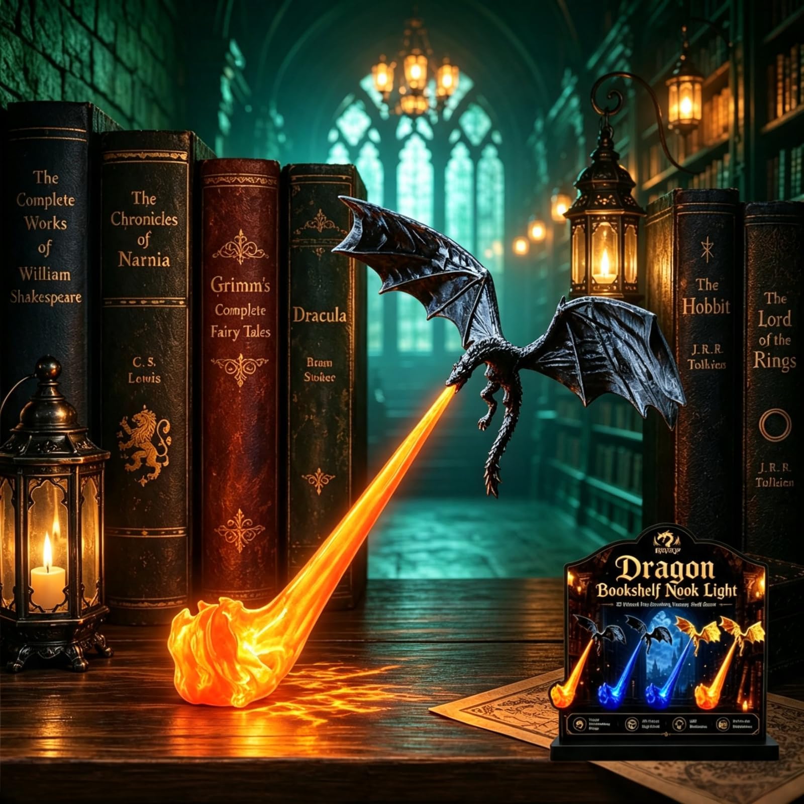 Dragon Bookshelf Light, 3D Printed Fantasy Decor with Fire Breathing Dragon