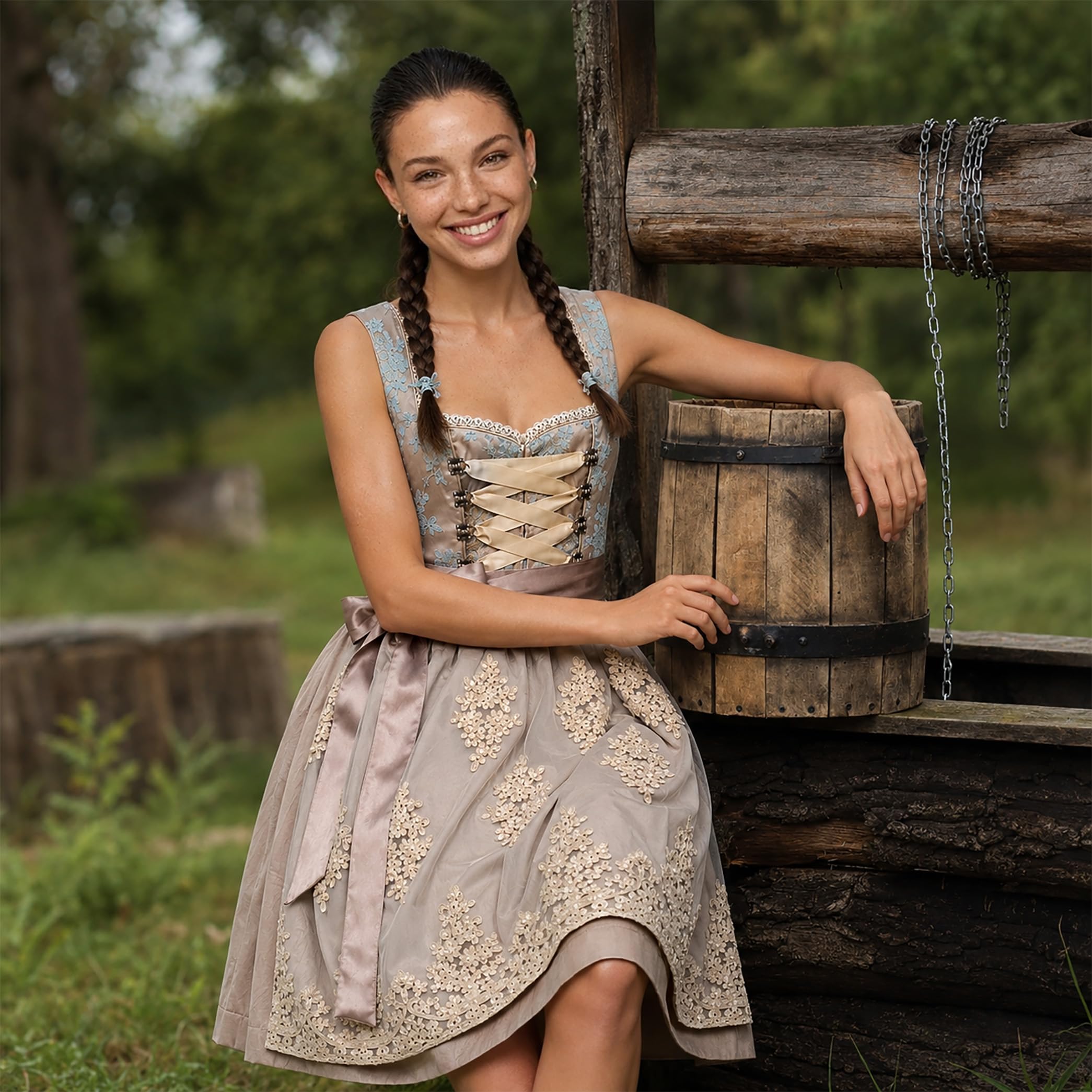 Alte Liebe Dirndl Damen Midi Lang Dirndl Trachtenkleid Trachtenrock Dirndl-Set Trachtenmode Trachten Damen mit 2tlg Dirndl Spitzen Schürze Oktoberfest Dirndlkleid Gold