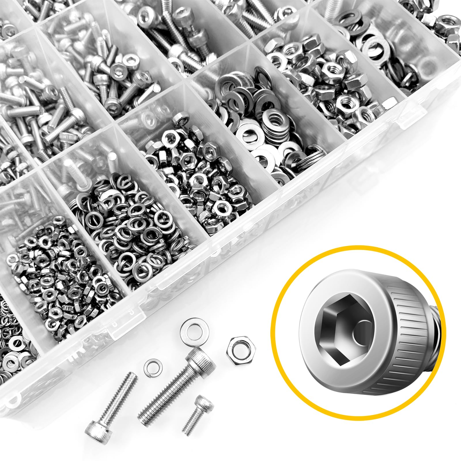 Mywish Kit surtido de tornillos métricos M2-M5 de 2200 piezas, pernos y tuercas hexagonales de acero inoxidable, arandelas de resorte, antioxidantes, con llaves hexagonales para impresora 3D