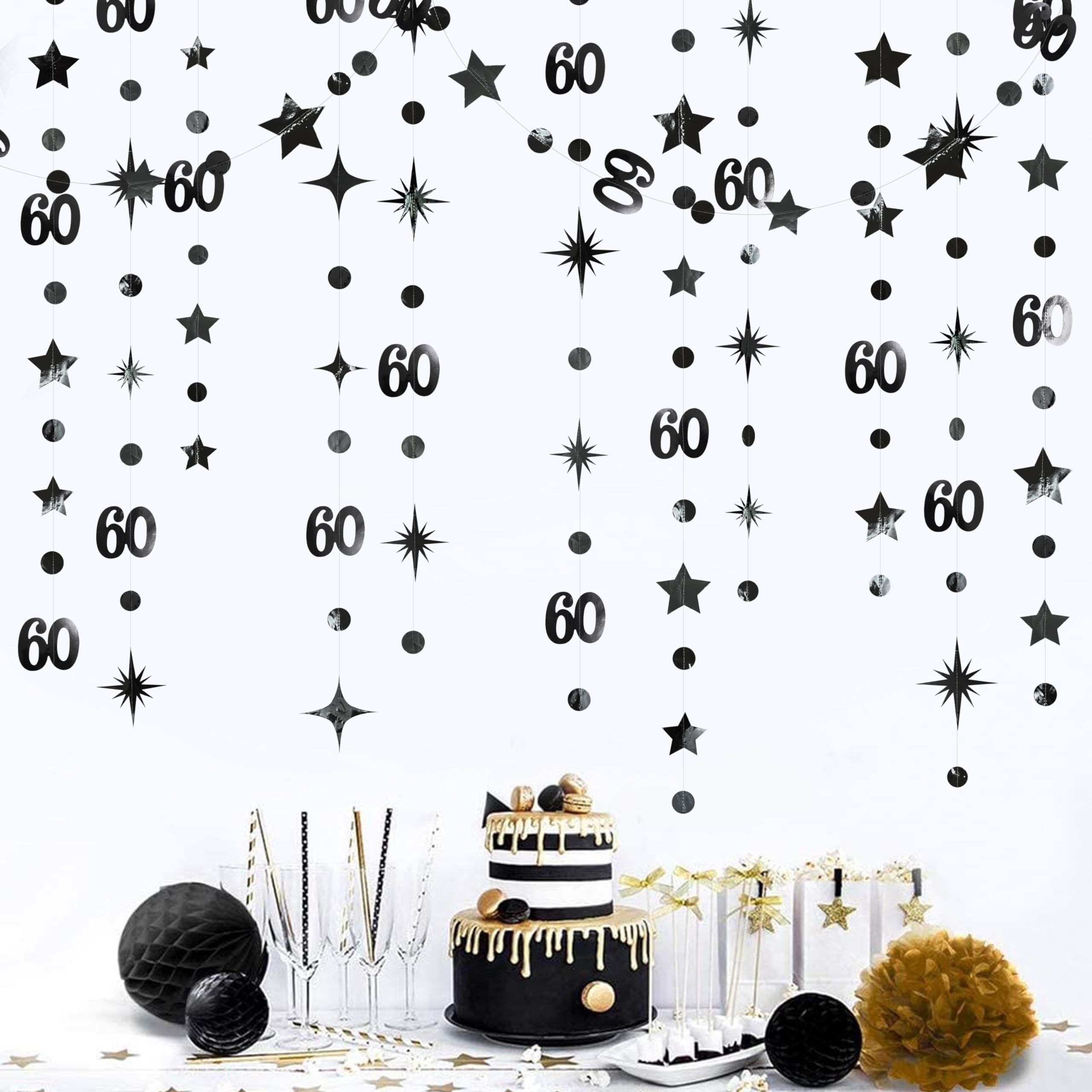 Decoraciones negras de 60 cumpleaños número 60, guirnalda de estrellas de puntos circulares, banderines colgantes, telón de fondo para hombres, saludos a 60 años, feliz 60 cumpleaños, 60 aniversario,