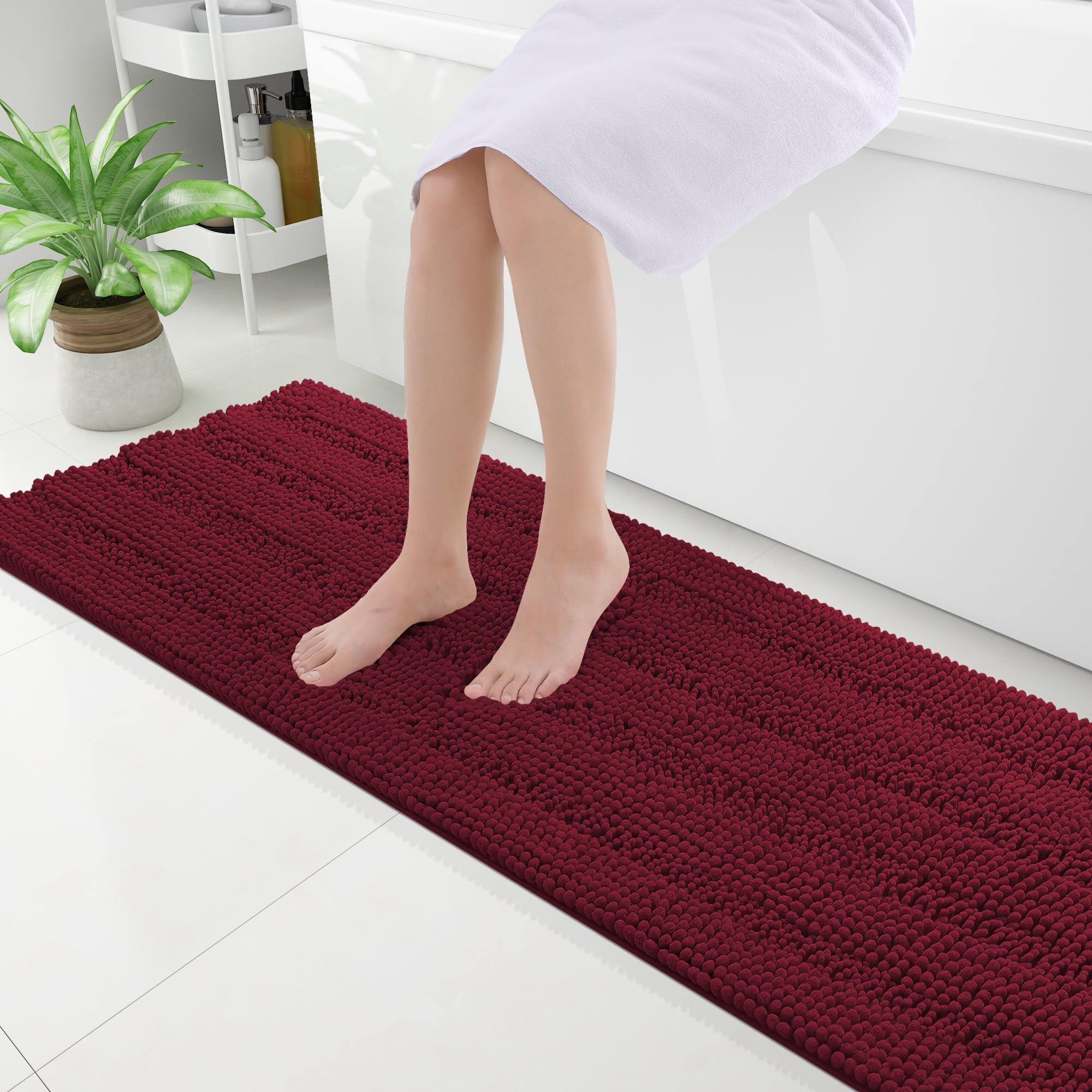 Grandaily Chenille Bathroom Rugs 59x20, Soft Absorbent Bath Mats, Burgundy