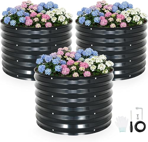 INNO STAGE 3 Pcs Round Galvanized Raised Garden Beds, 2x2x1.4ft Dark Grey