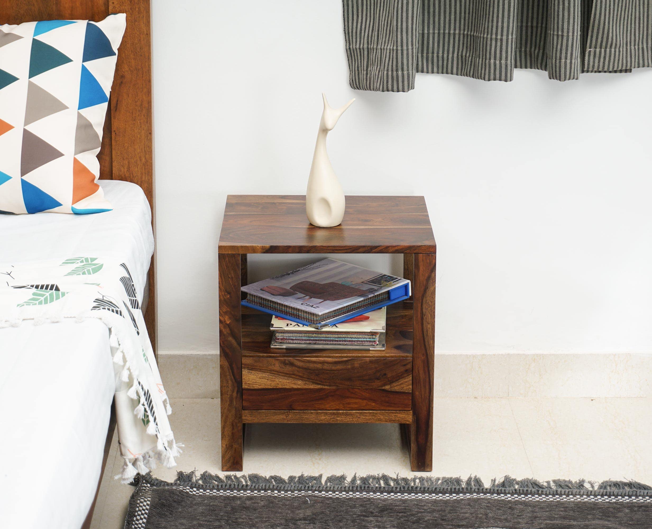 WOODEFLY Solid Sheesham Wooden Bedside Table with 1 Drawer & Open Shelve - Bed Side Table for Bedroom- Nightstand Lamp Table - Teak Finish-image-24