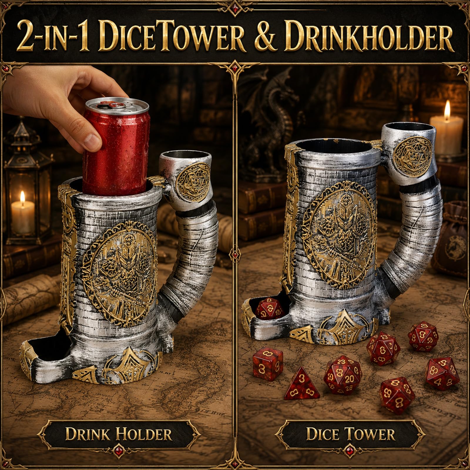 Tasse tour de dés, livrée avec un ensemble de 7 dés, convient pour les donjons et dragons DND, les jeux de table, disponible comme support de boisson, cadeaux D&D, accessoires DND (armure gris-doré)