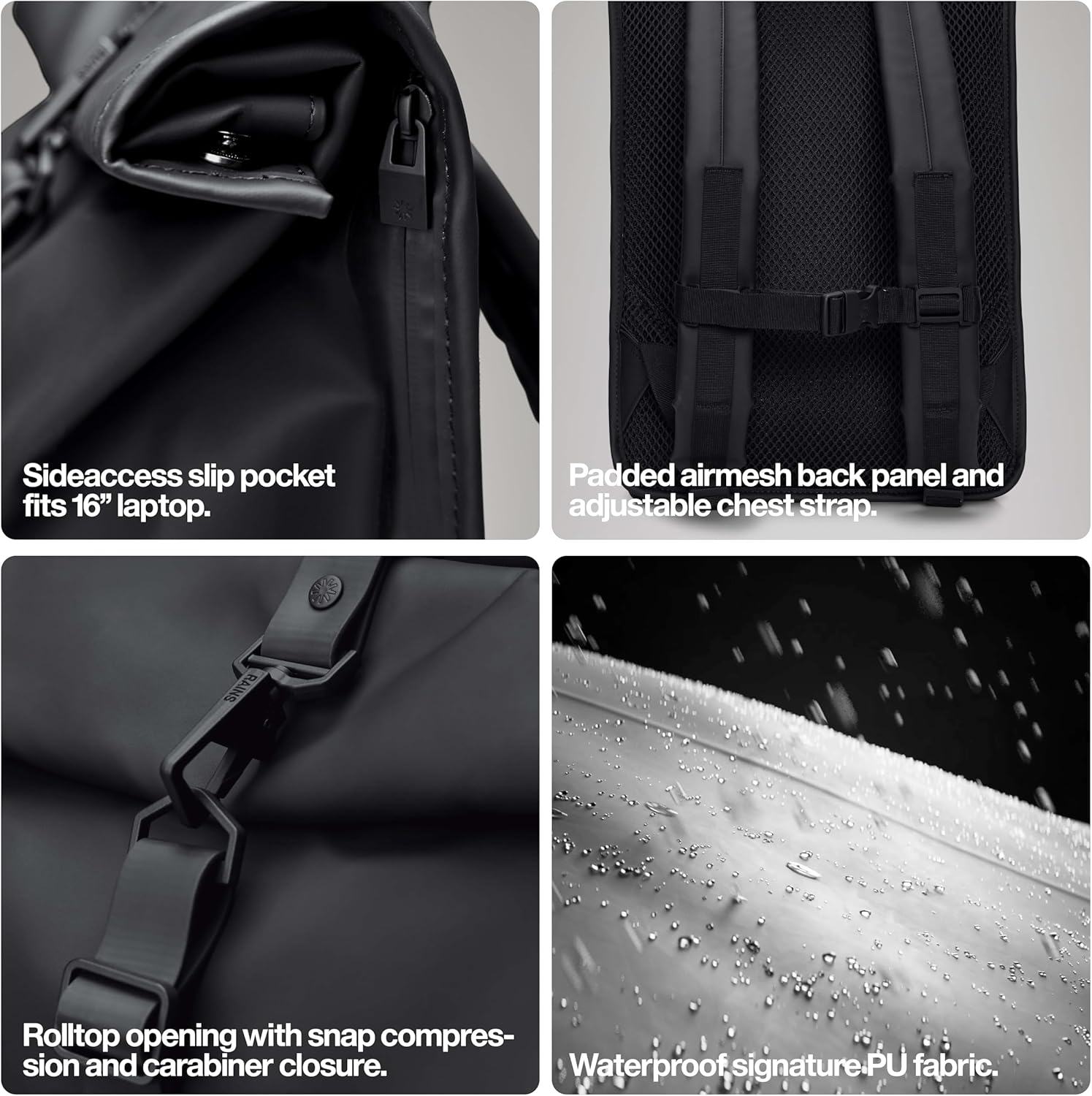 RAINS Rolltop Rucksack Large - Waterproof Rolltop Backpack Water Resistant Commuter Travel Pack Urban Minimalist (Black, Regular) - Image 5