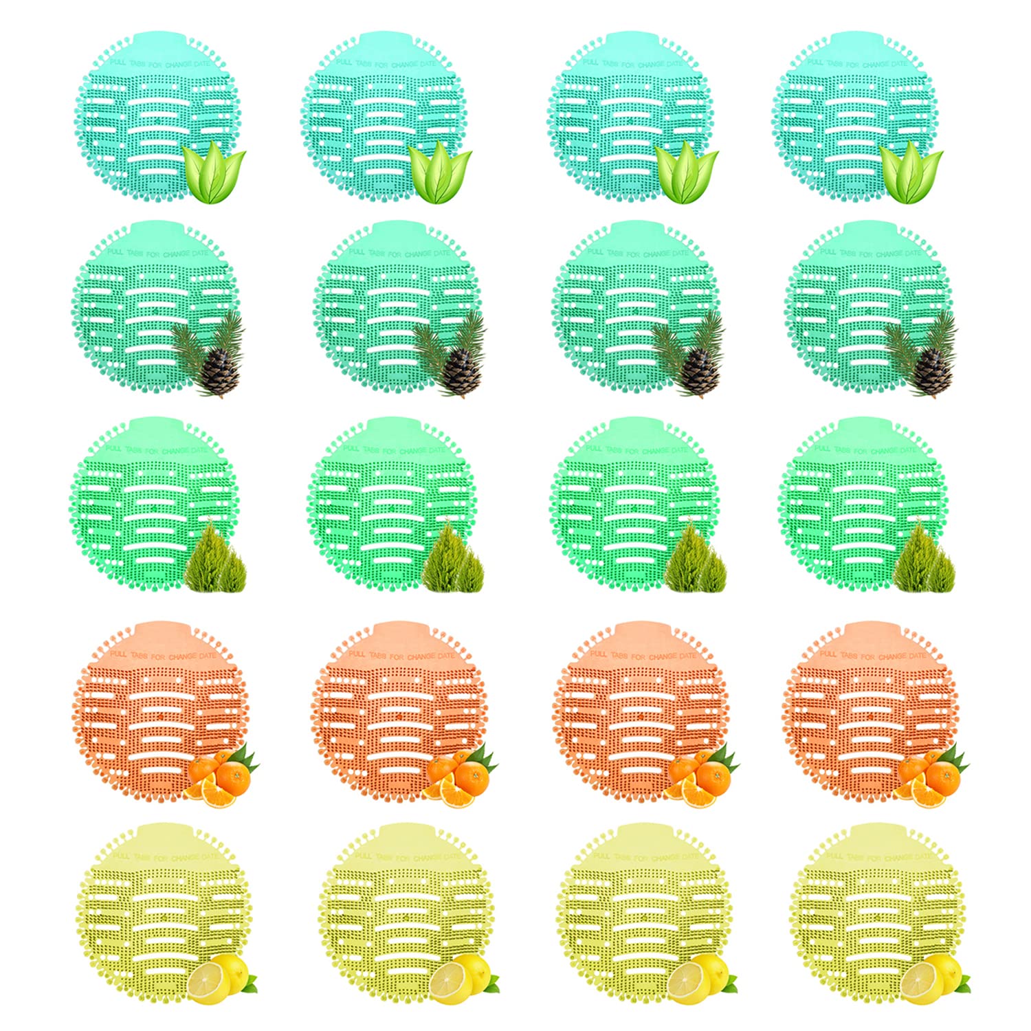 Zureni Urinal Screen Fresh Scented Anti-Splash Toilet Mat Bathroom Deodorizer Spatter with Air Freshener for Restroom (Multicolor, Pine Lemon-Orange-Pine-Natural Breeze-Lemon Fragrance, 20 pcs)