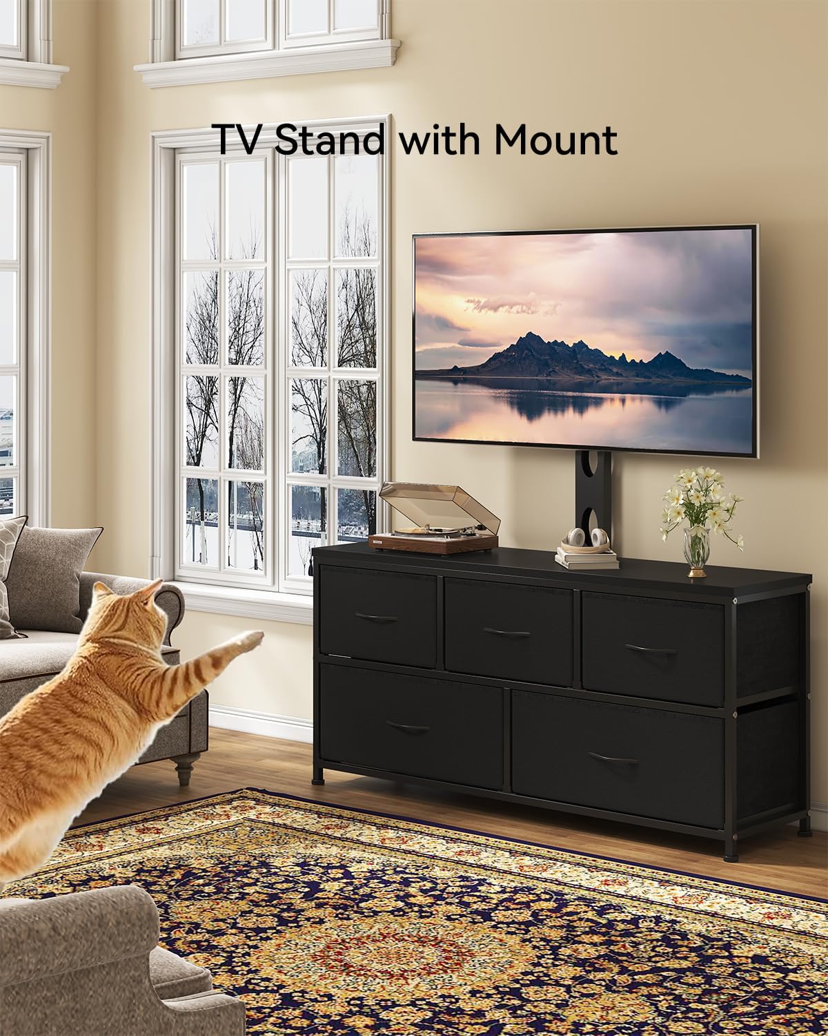 TV Stand with Mount, Fabric Dresser with 5 Drawers for 32/45/55/60/65/75 inch TVs, Black Dresser Entertainment Center, Modern Media TV Console Table