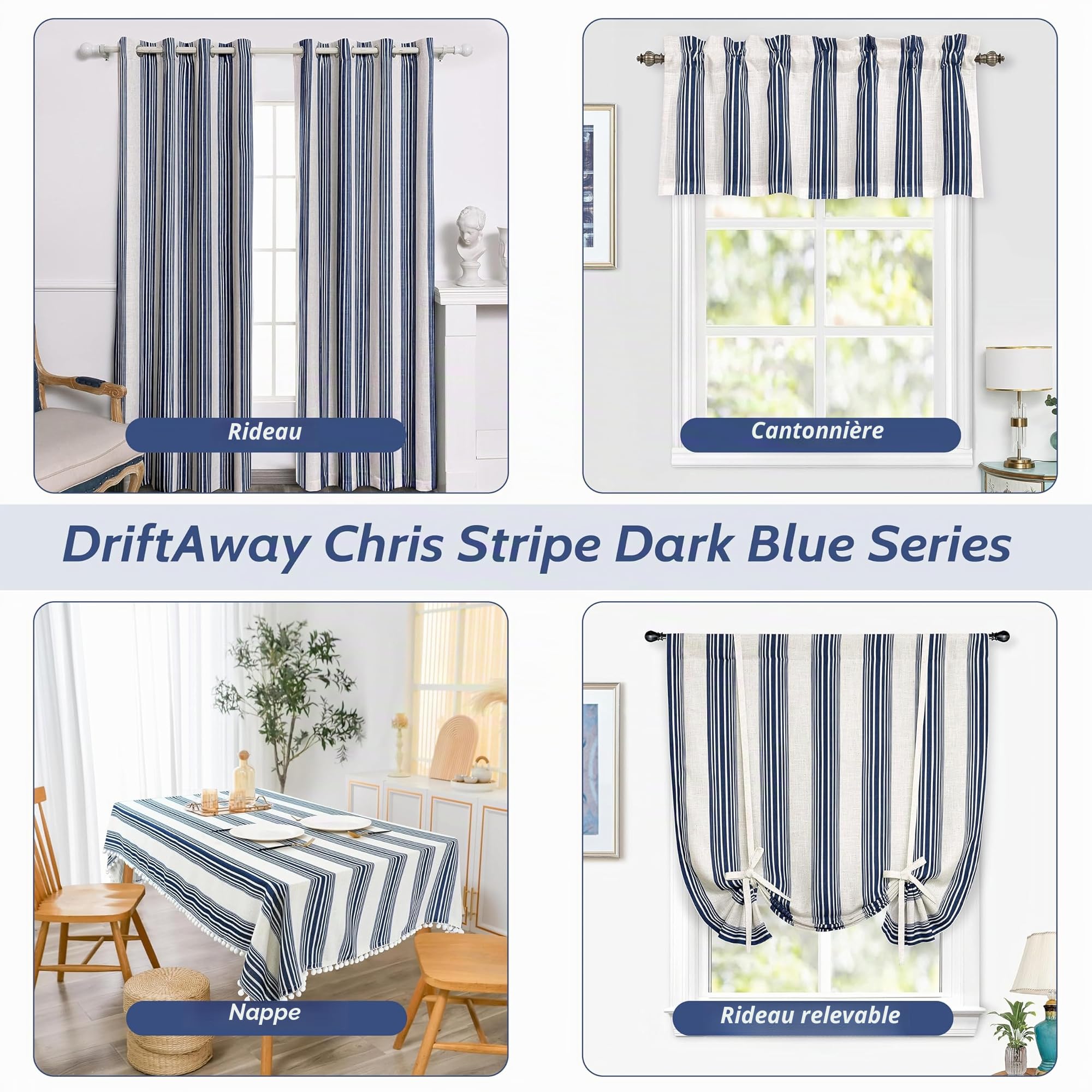 DriftAway Chris Lot de 2 Rideaux occultants en Lin mélangé à Motif à Rayures Verticales et à œillets pour Chambre de Ferme imprimé – 132,1 x 213,4 cm – Ivoire Bleu foncé