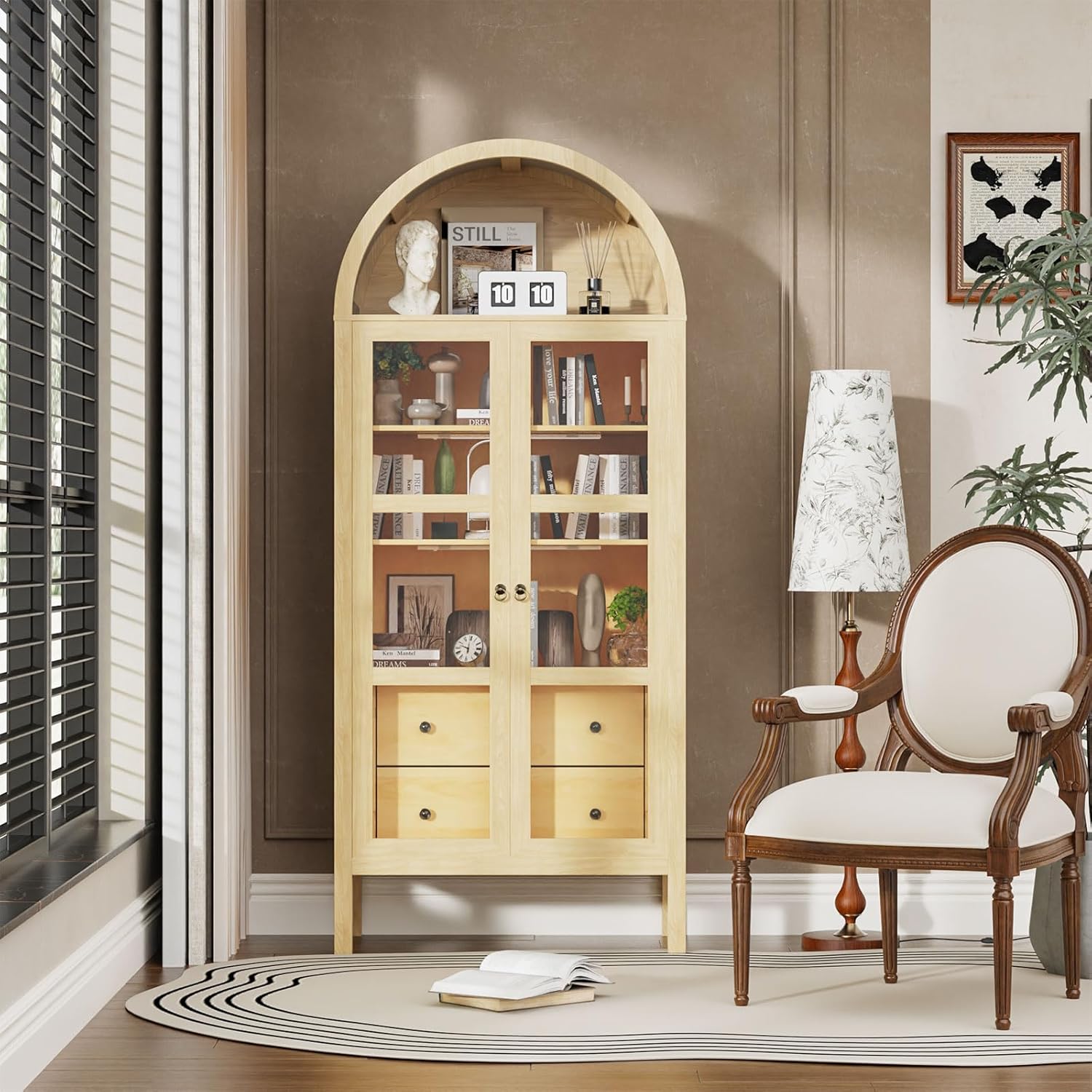 Modern Arched Cabinet with Auto Sensor Light and Glass Doors, 72" Tall Farmhouse Storage with Grain, Perfect for Living Room, Display Your Favorite Books, and Art Collections, White