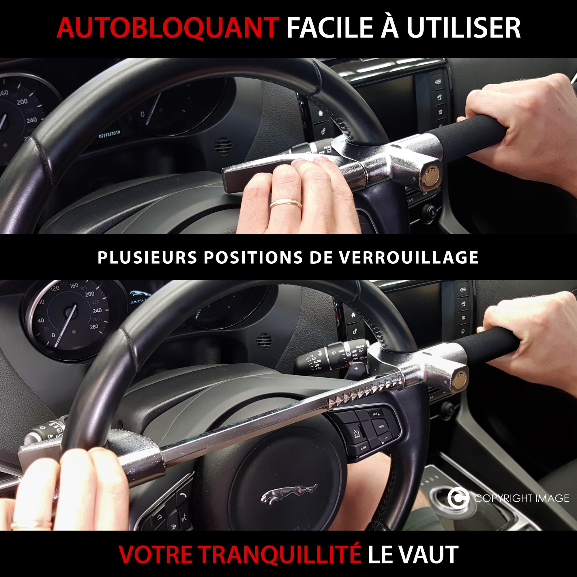 KRASER WA839B Antivol Voiture, Haute Sécurité, Canne Antivol Voiture Renforcée, Bloque Volant Trés Visible et Dissuasif, Barre Plus Réglable, Marteau Secours, Bloc Anti Vol Universel Auto Camping-Car