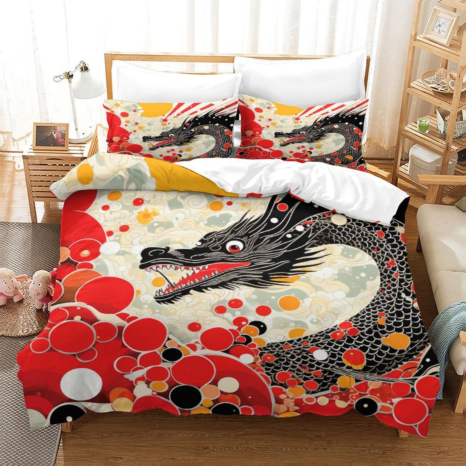 P1S9U7W5Y Oriental 3D Printed Dragon Pattern Duvet Cover Set 3pcs Microfiber Black Dragon Bedding Set Double