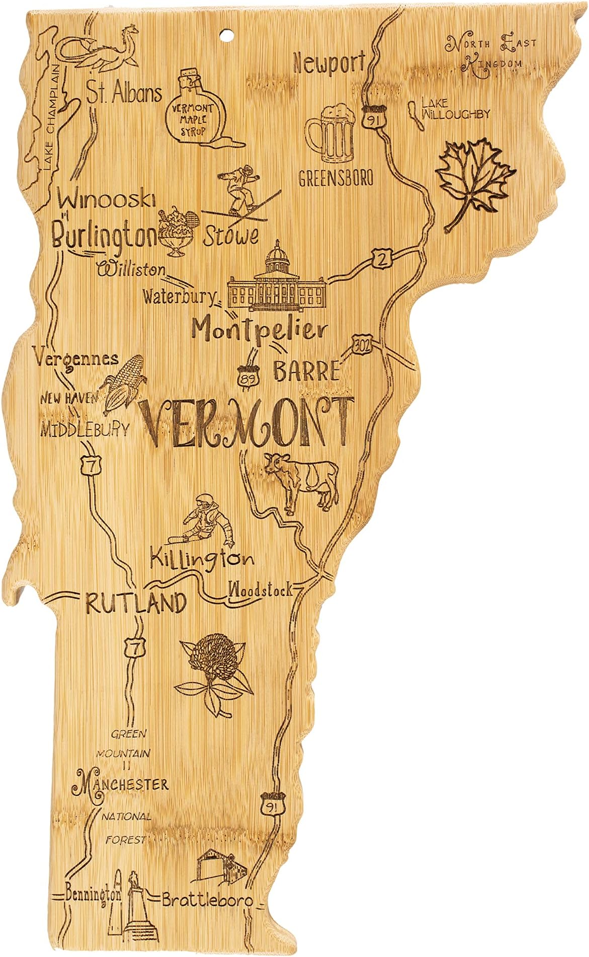 Totally Bamboo Destination Vermont State Shaped Serving and Cutting Board, Includes Hang Tie for Wall Display