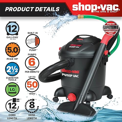 Miniatura 2 de Shop-Vac 5871205 Aspiradora con bomba de agua en seco y húmedo de 12 galones con bomba de agua integrada, 5.0 CV pico, 2.5 pulgadas de diámetro x