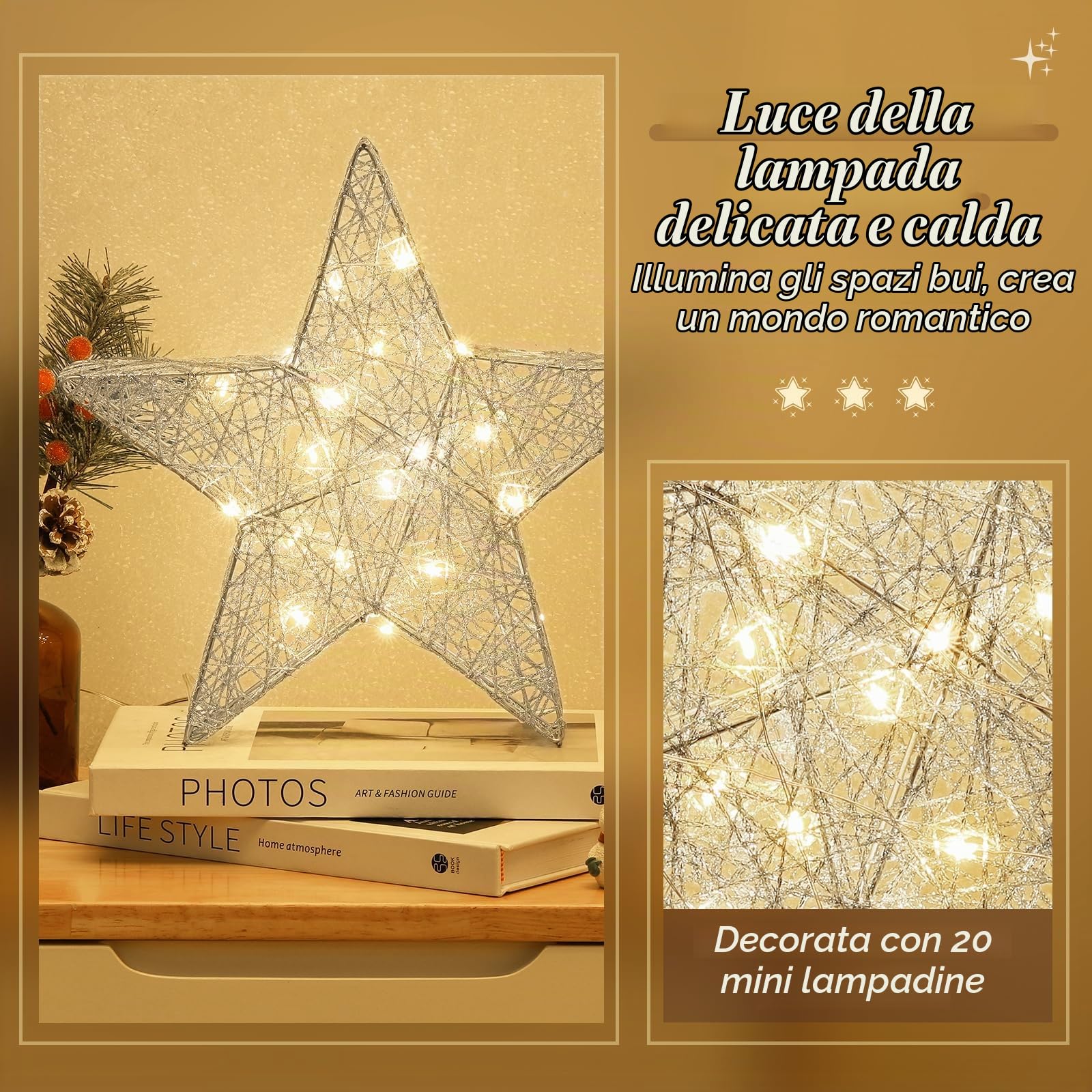 Lewondr Lampada Decorativa a Forma di Stella, Lampada da Scrivania a LED con Luce Calda Decorazione Natalizia per Interni Lampada da Tavolo per Camera da Letto e Soggiorno, Argento