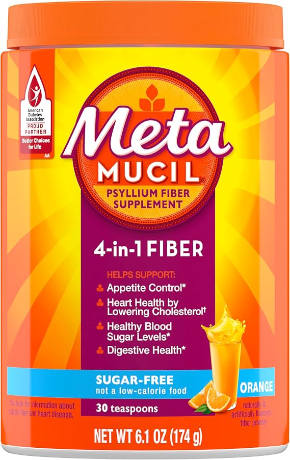 Metamucil 4 in 1 Daily Fiber Supplement Powder, Fiber Powder for Digestive Health and Regularity*, Sugar-Free, Orange, Naturally Sourced Psyllium Fiber, 30 teaspoons