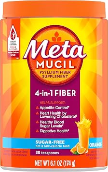 Metamucil 4 in 1 Daily Fiber Supplement Powder, Fiber Powder for Digestive Health and Regularity*, Sugar-Free, Orange, Naturally Sourced Psyllium Fiber, 30 teaspoons