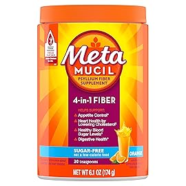 Metamucil 4 in 1 Daily Fiber Supplement Powder, Fiber Powder for Digestive Health and Regularity*, Sugar-Free, Orange, Naturally Sourced Psyllium Fiber, 30 teaspoons