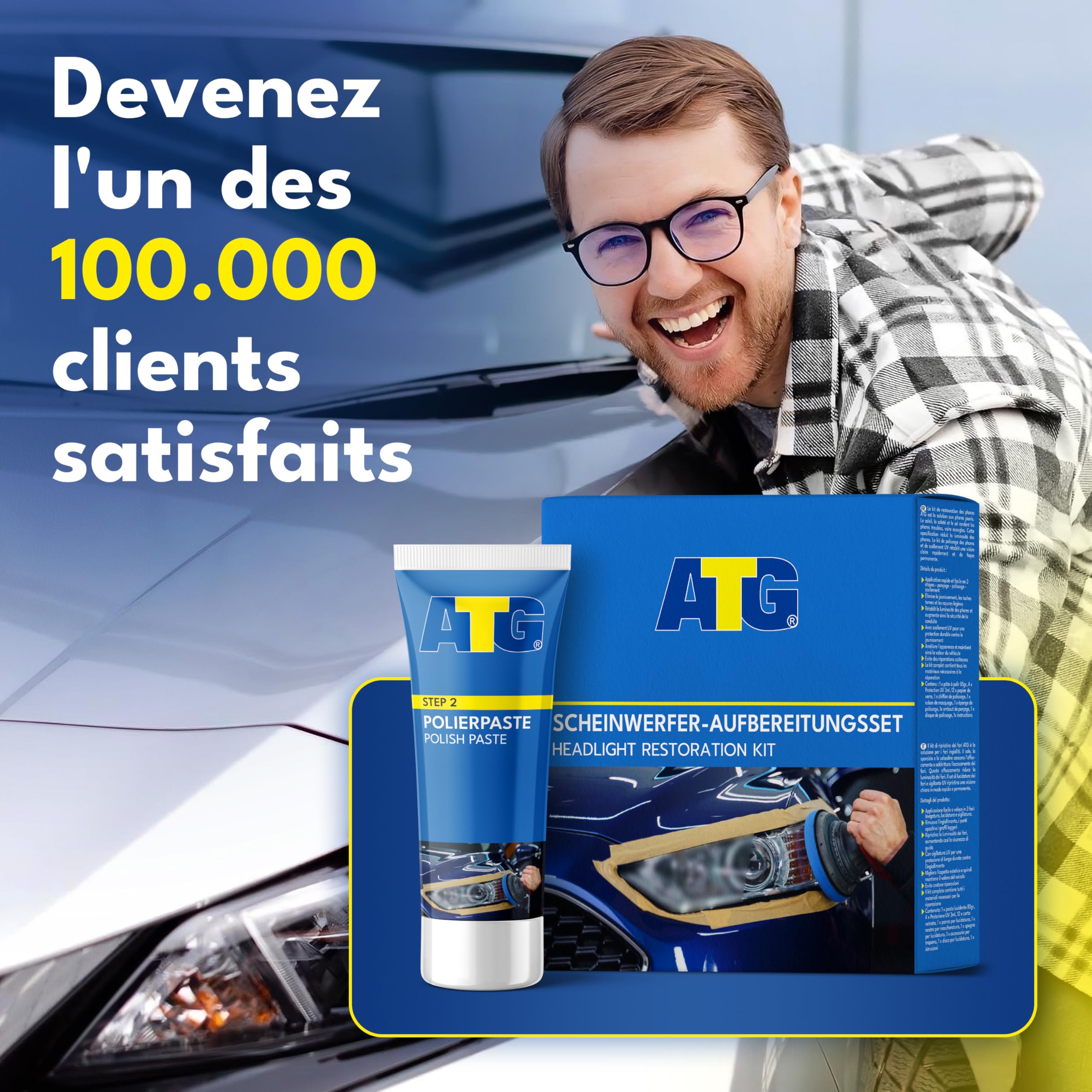 ATG® renovateur phare voiture – kit renovation phare voiture & kit renovation phare | phares ternes, jaunis ou rayés | polish, nettoyant & vernis UV
