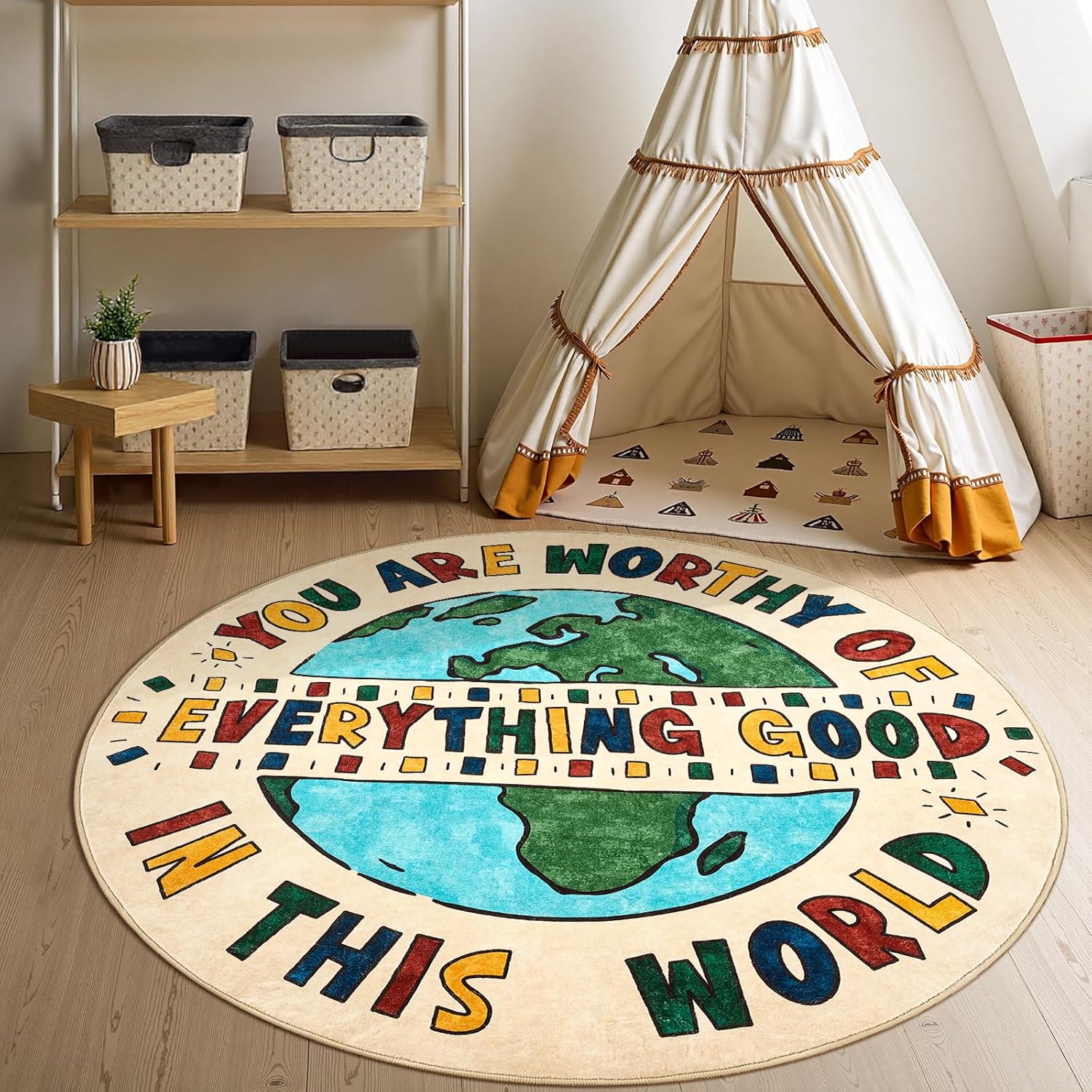 JINCHAN 4ft Round Rug Washable Fun Rug You Are Worthy Playroom Mat Non Slip Cheerful Circle Cool Floor Cover Soft Cozy Low-pile Emotional Support Throw Carpet for Entryway Kids Gift Teens Dorm Bedroom