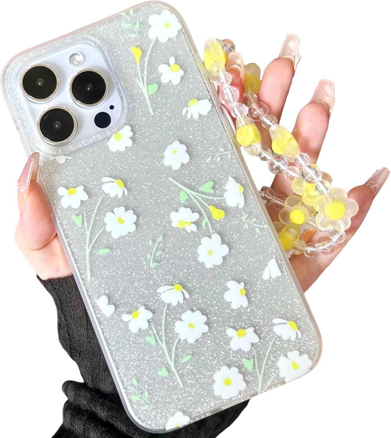 Compatible with iPhone 15 Pro Max Cases Cute Bling Sparkly Floral Pattern,Flower Design, Shock Protection Phone Cover for Women and Teenage Girls. iPhone 15 Pro Max Daisy