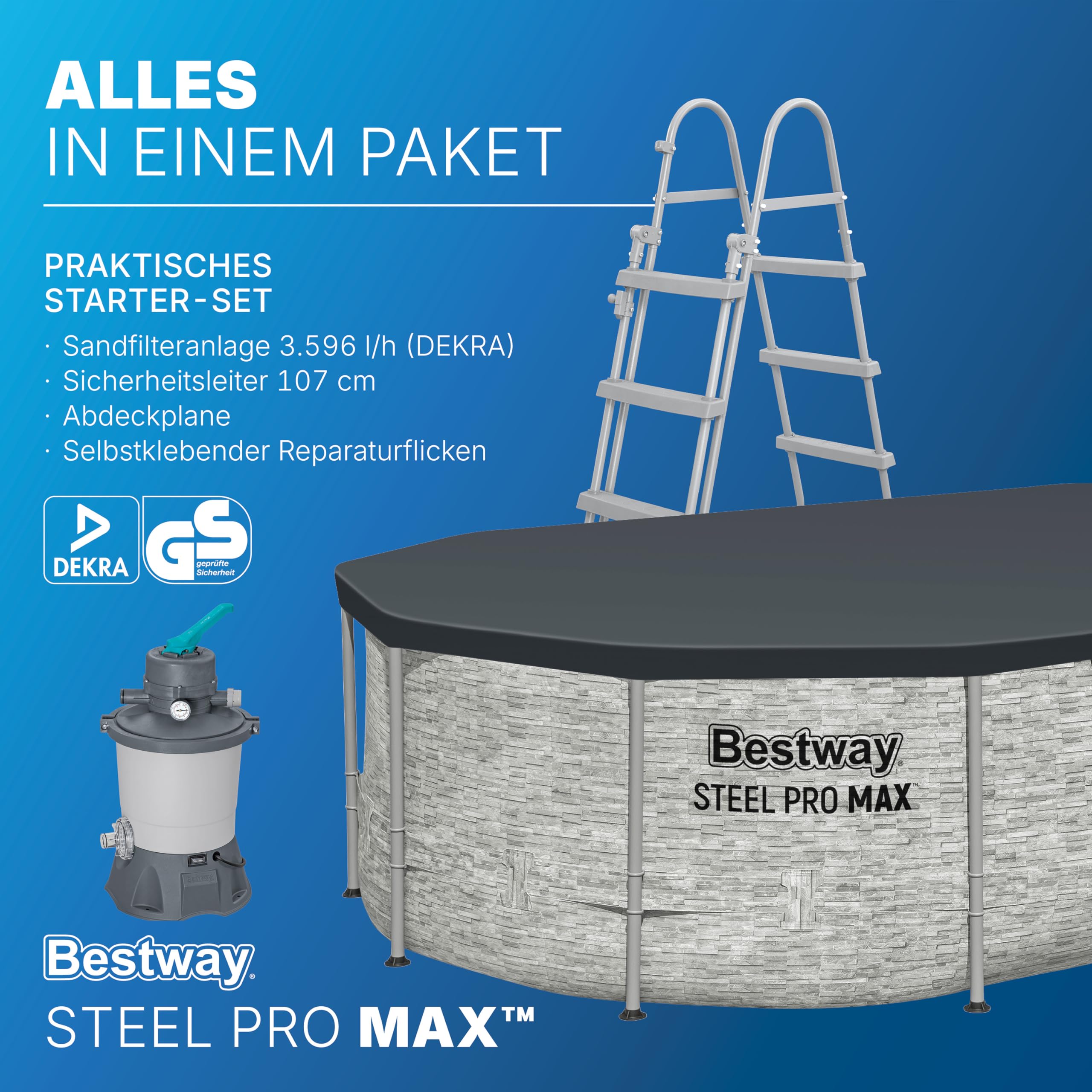 Bestway Power Steel Swim Vista Series Frame Pool Komplett-Set mit Sandfilteranlage 488 x 305 x 107 cm, Steinwand-Optik (Cremegrau), oval