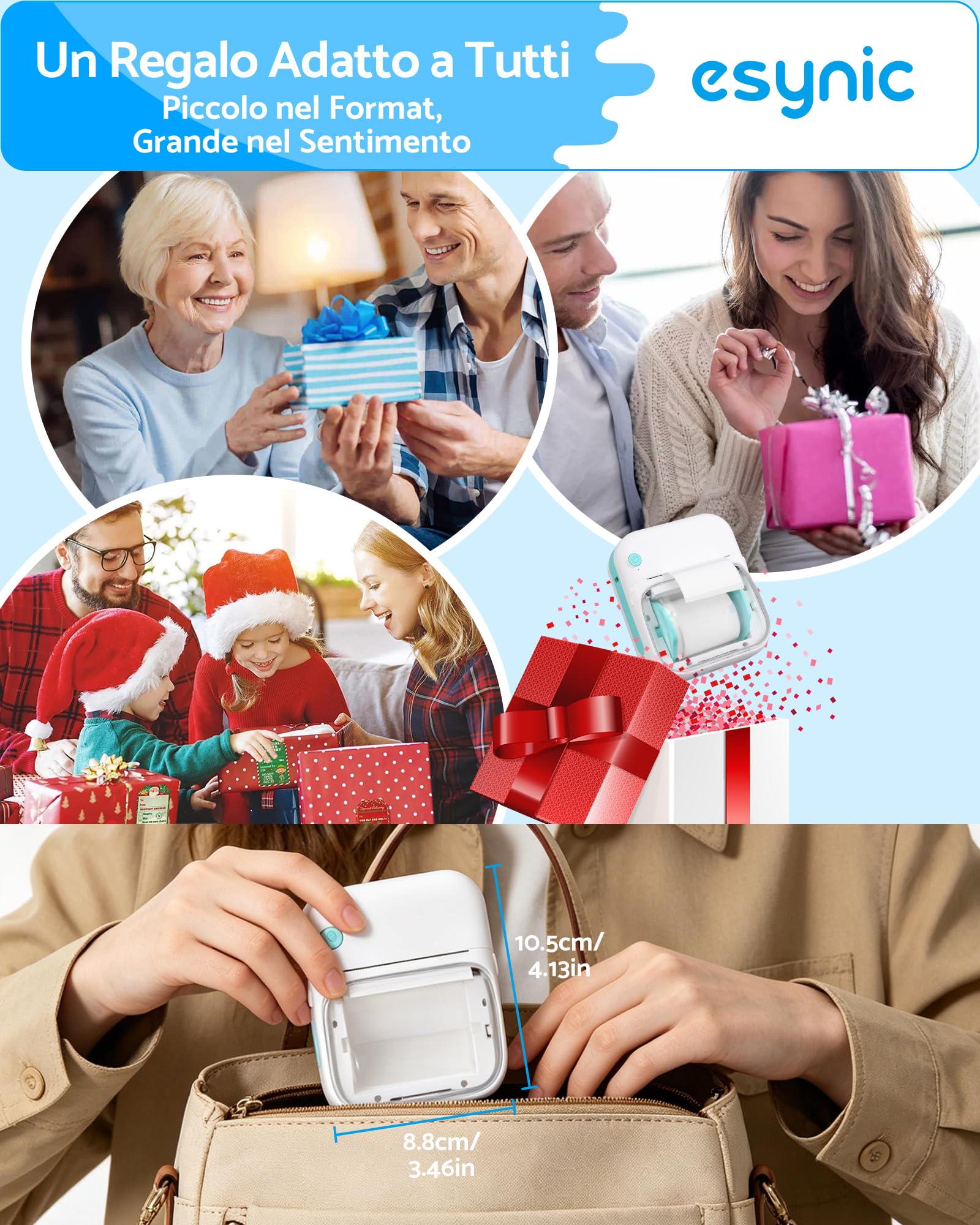 eSynic Mini Etichettatrice Bluetooth e USB con Carta 40x20mm, Cartuccia Visibile con Rullo Rimovibile, Stampante Termica Compatibile con Etichetta 20x10–50x50mm, Ideale per Casa, Ufficio, Studio
