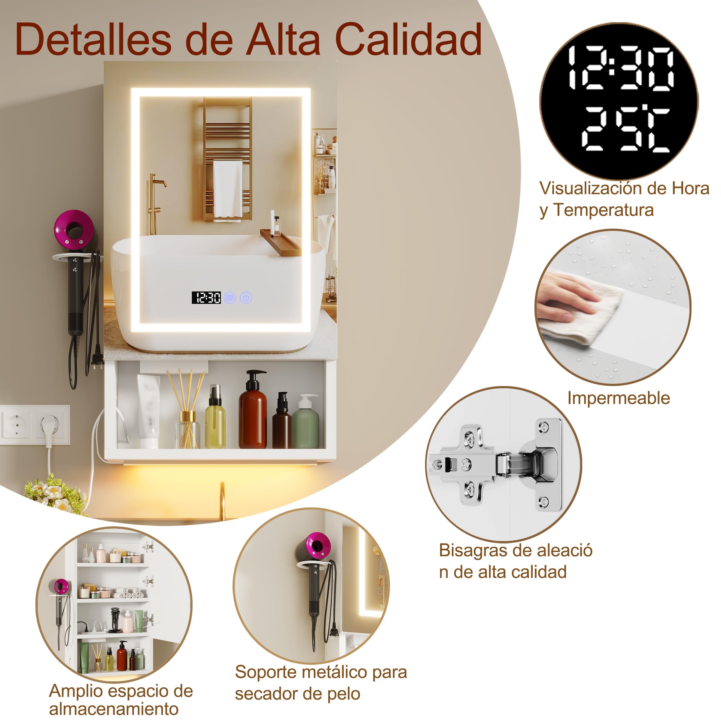 Armario Baño con Espejo LED iluminación y Función de desempañadora Armario Baño Espejo de Pared con reloj y pantalla de temperatura, Enchufe,4 compartimentos y Soporte para secador de Pelo,47x80x16cm