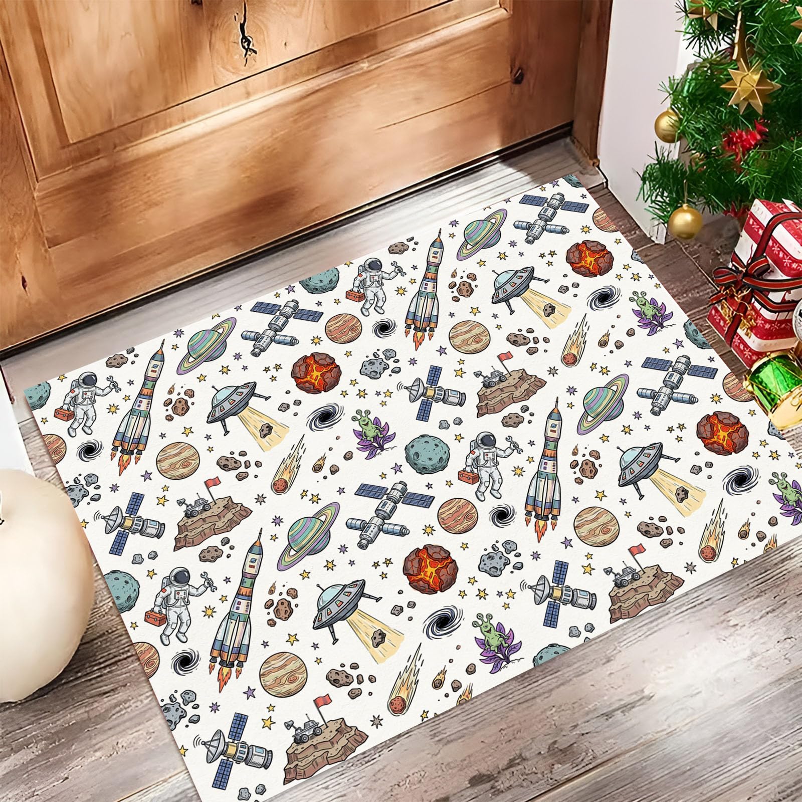 Felpudo Entrada Casa 80x120cm Alfombra Atrapapolvo Platillo Cohete Astronauta, Alfombrilla Pasillo Antideslizante Espacio Dibujos Animados Estadounidenses Tapete Lavable para una Entrada Limpia