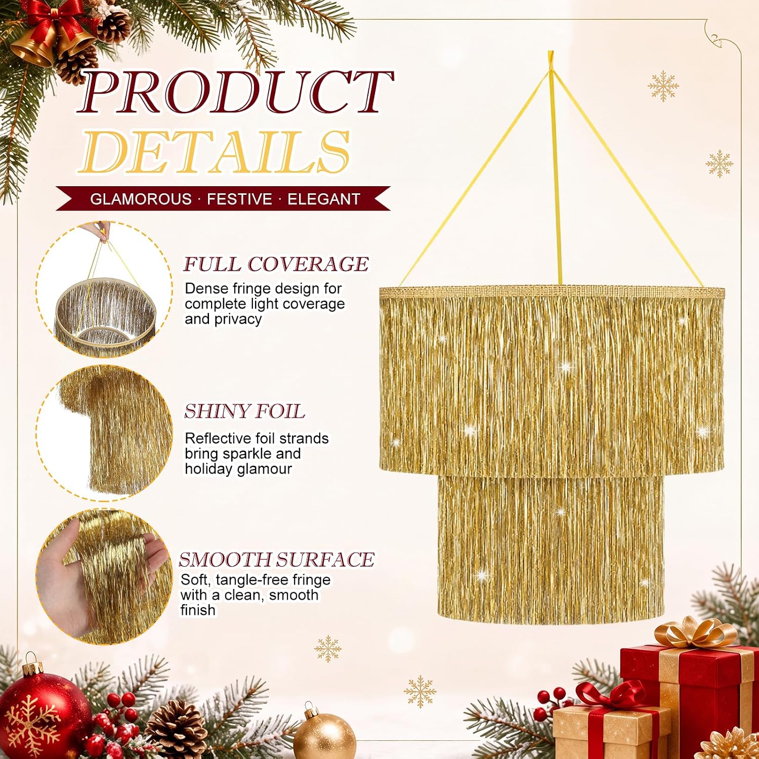 Fumete 1 Pack Gold Tinsel Fringe Chandelier, 16" 2-Tier Party Decor