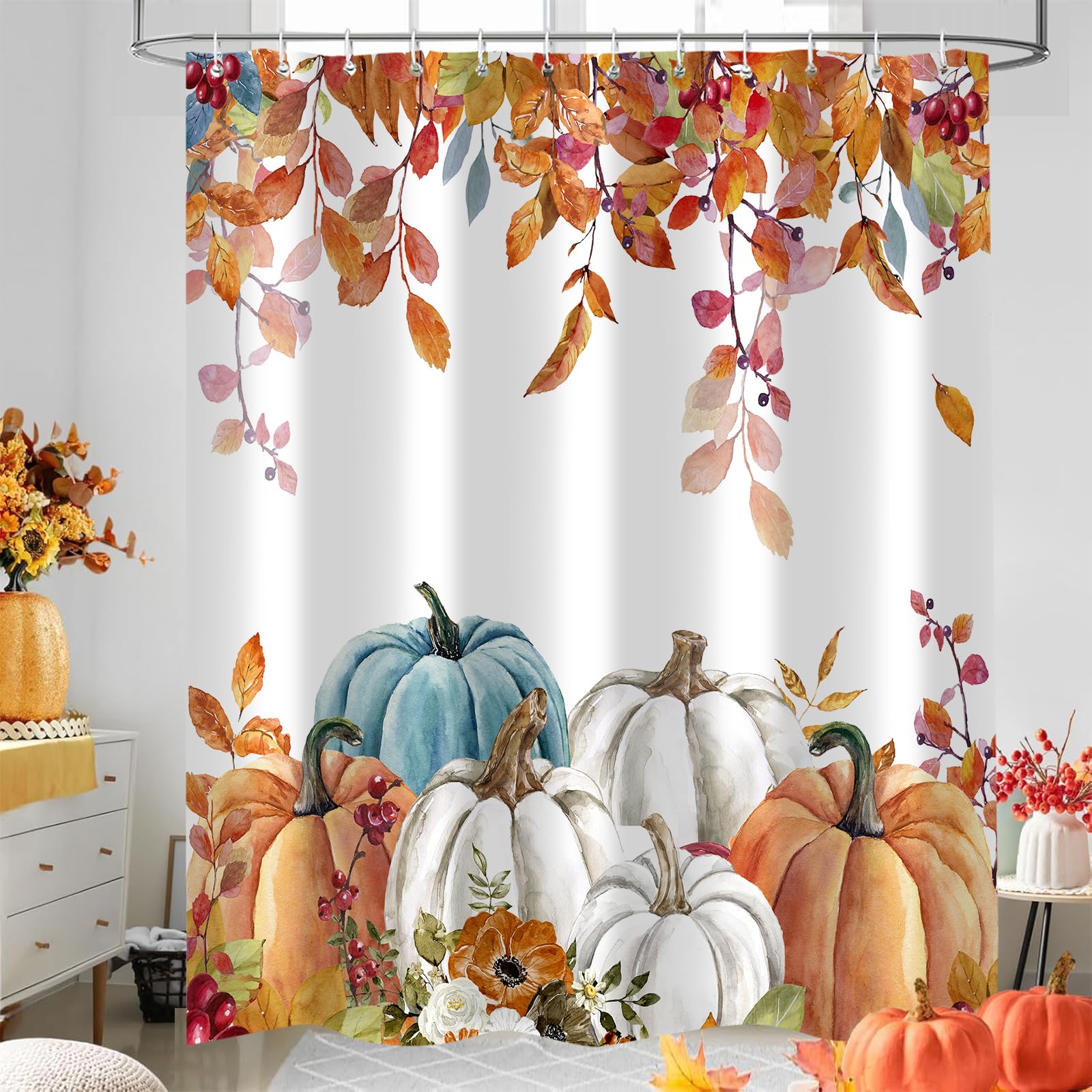 Sokdcam Duschvorhang Herbst-Kürbis-Design – Wasserdicht, 183 X 183 Cm, Mit 12 Haken