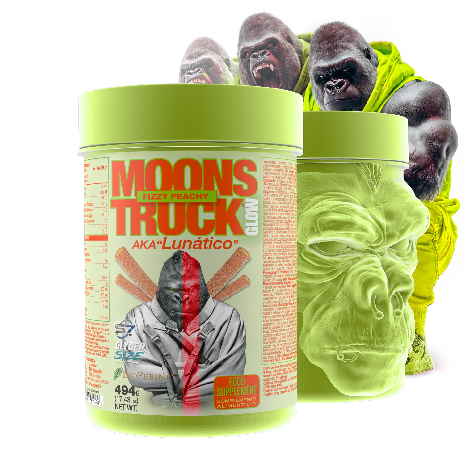 Pre Workout Moonstruck Glow Zoomad Labs 494g – Preentreno Premium para Gimnasio con Cafeína, Óxido Nítrico, Pump Extremo y Fuerza – Bote 3D Gorila Glow que Brilla - Fizzy Peachy