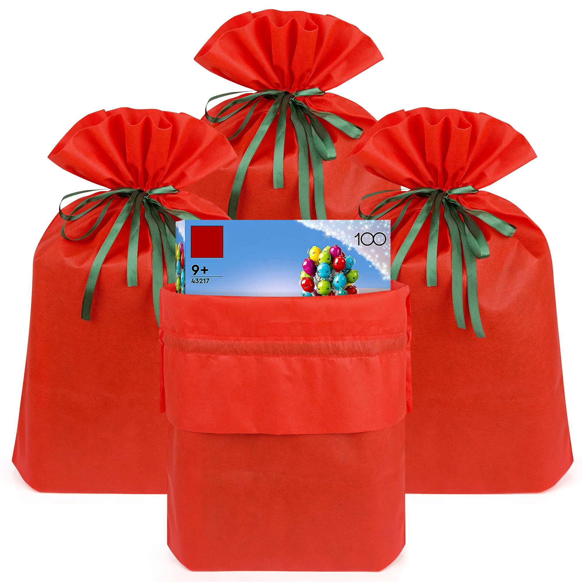 4 Pack Reusable Non-Woven Drawstring Gift Bags, Gift Wrap Tote Compatible for LEGO, Fits Birthday, Christmas, and Party (Red)