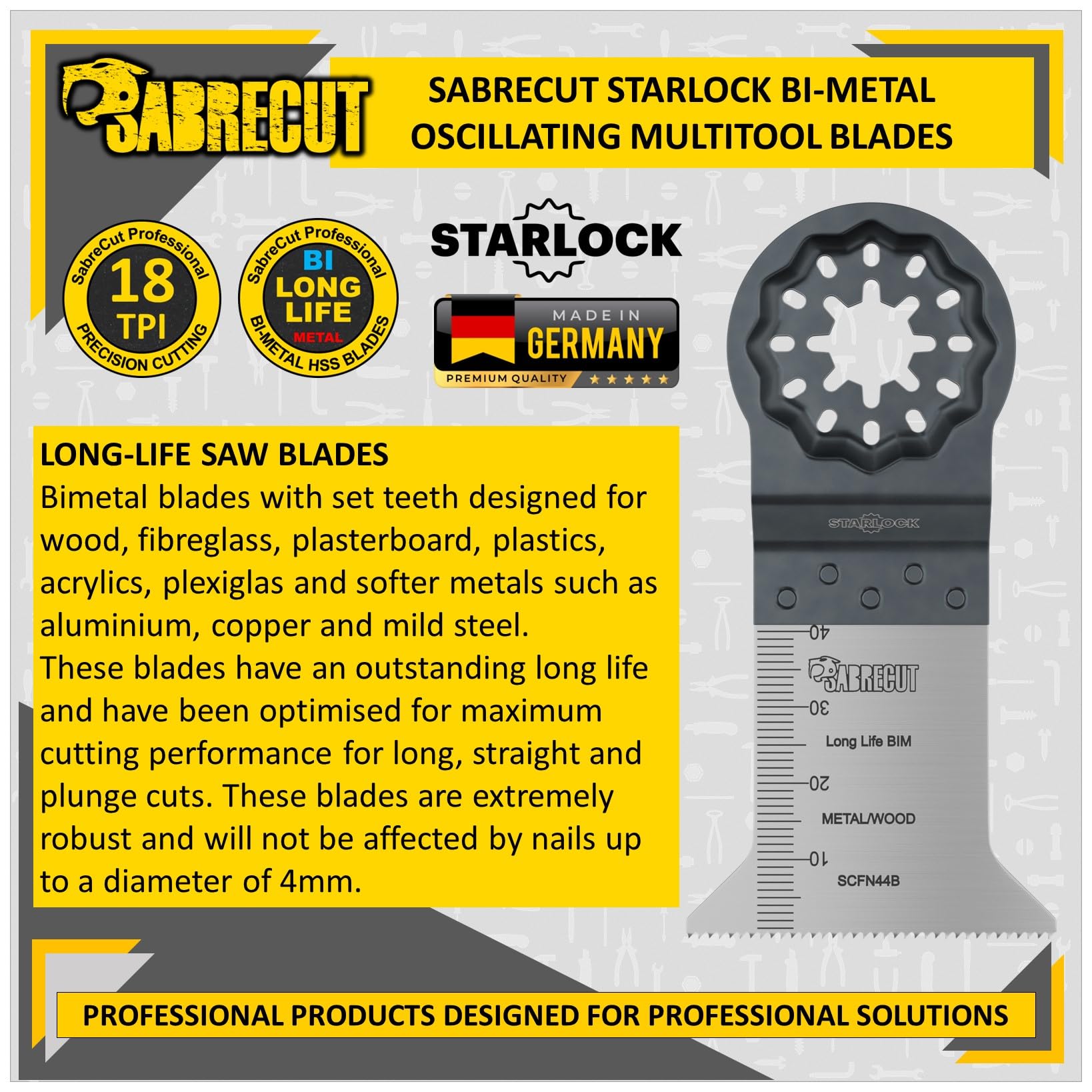 SabreCut 5pcs SCFN44B_5 50mm x 40mm 18 TPI Hojas multitool Larga vida | Compatible con Bosch, Fein (Non-StarLock), hojas HSS bimetal cortan madera, metal y clavos