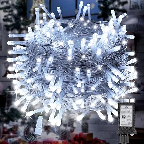 Miniatura 13 de Paquete de 2 Total 136 Pies 400 LED Luces de Cadena Conectables Interior Exterior Cable Transparente, Luces Blancas Cálidas para Árbol de Navidad