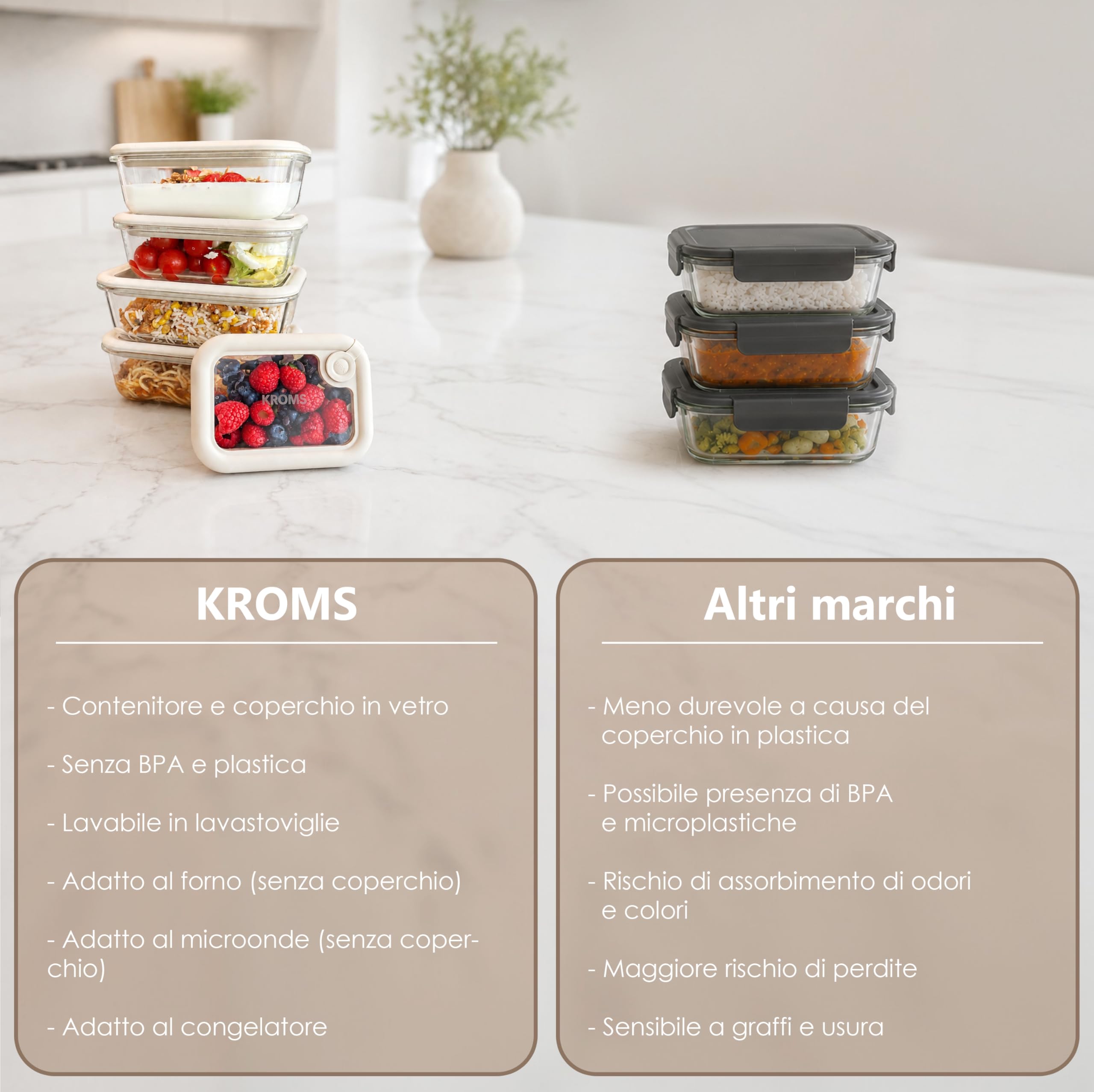 Contenitori vetro per alimenti set 6 pezzi - Contenitori per alimenti con coperchio in vetro - Senza BPA PFAS - Porta pranzo vetro microonde - Microonde forno freezer lavastoviglie
