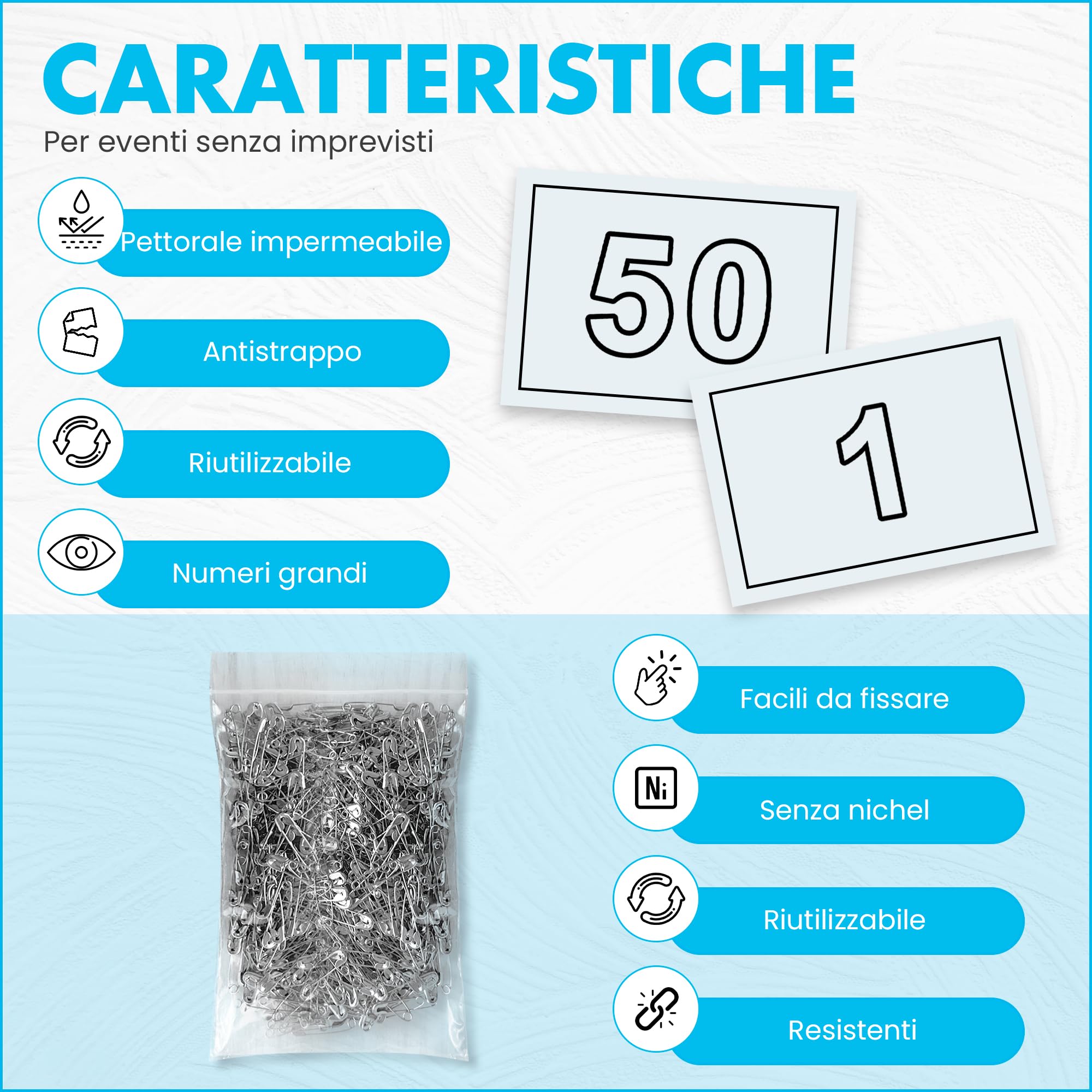 Pettorali da Gara in Formato A5 (21x15 cm) in Pretex 90g - con Spille Incluse - Ideali per Eventi Sportivi - Numeri Grandi Ben Visibili