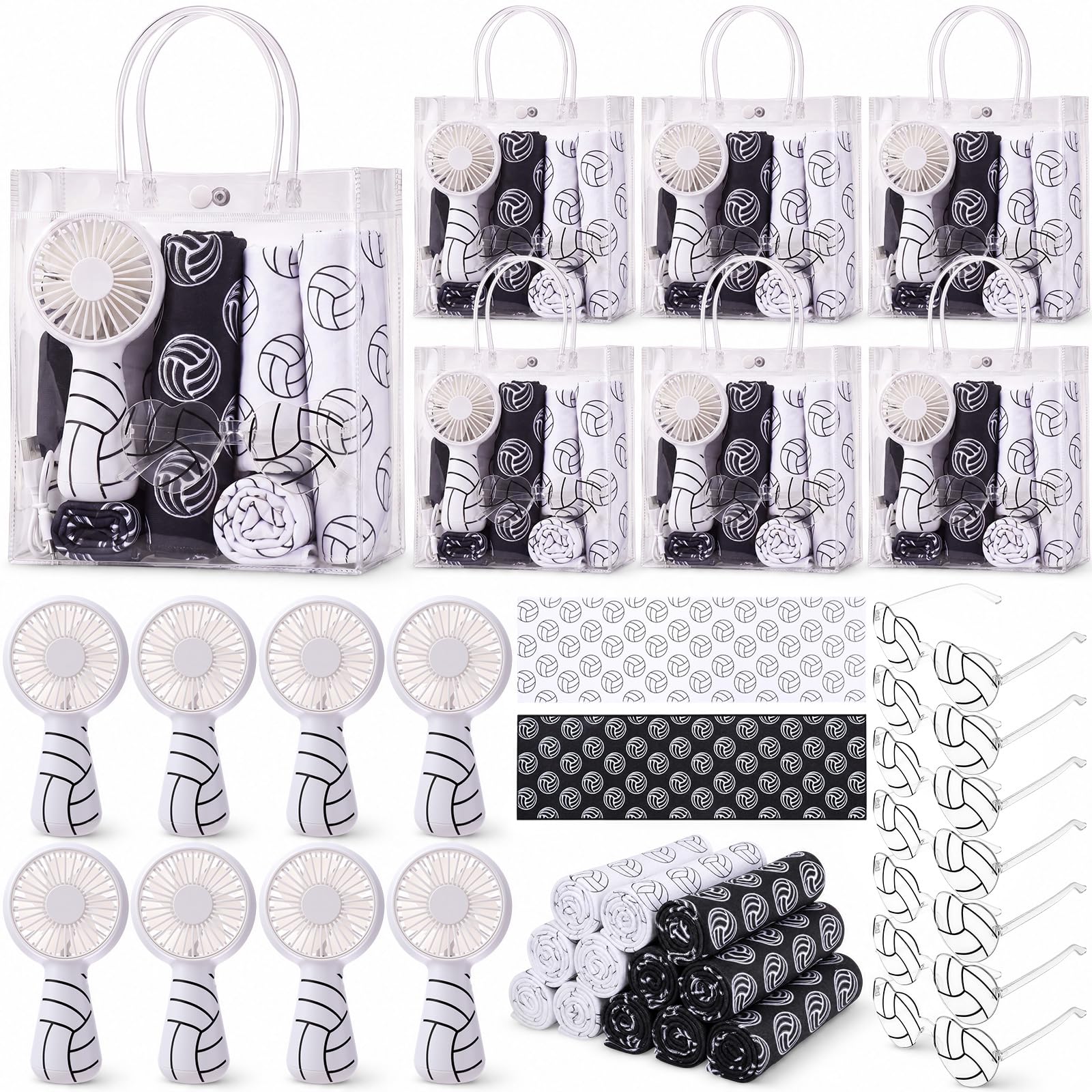 48 piezas de voleibol para fiestas, mini ventilador portátil de mano, funciona con pilas, toalla de entrenamiento de refrigeración, gafas de sol, bolsa de regalo transparente para equipo