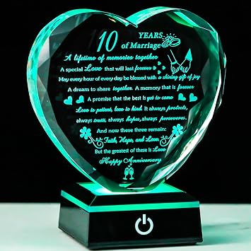 10th Wedding Anniversary Crystal Gifts for Couples with Colorful LED Base, 10th Anniversary Keepsake Gifts for Her Him, Romantic 10 Years of Marriage Heart Gift for Wife Husband