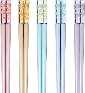 5 Pairs Fiberglass Chopsticks - Amber Cherry Blossom Pattern, Multicolor - Japanese & Korean Chopsticks - Reusable, Dishwasher Safe - Yellow, Pink, Blue, Green, Purple
