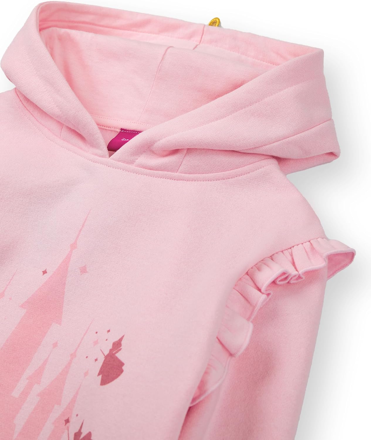 Disney Princess Girls Hoodie | Kids Pink Graphic Hooded Sweatshirt 3D Crown | Ruffled Arm Hem Good Fairies Apparel Sweater