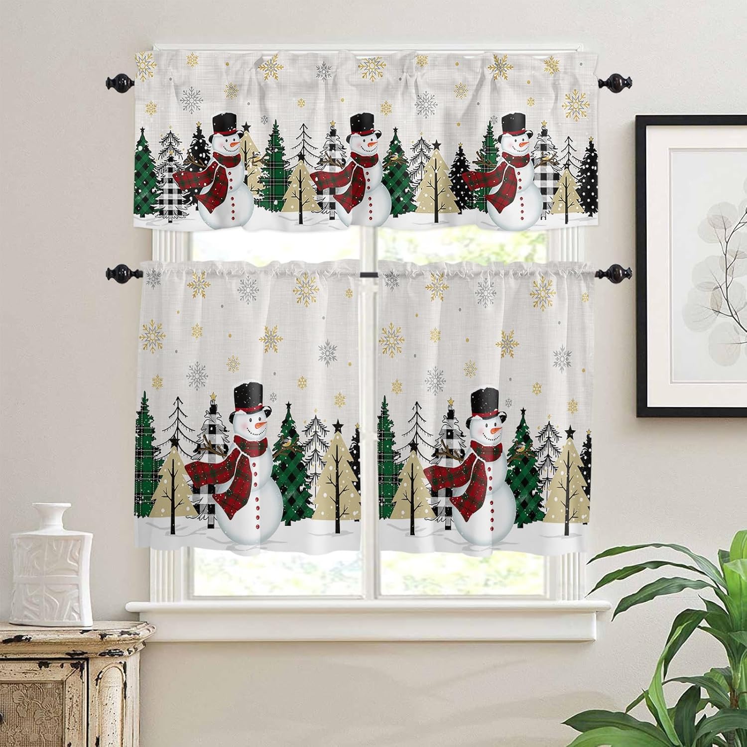 Christmas Rustic Kitchen Curtain Valance and Tiers Set, Rod Pocket Small Half Tier Valances Window Curtains Panel, Winter Snowman Gold Snowflake 54x18in+27.5x36*2