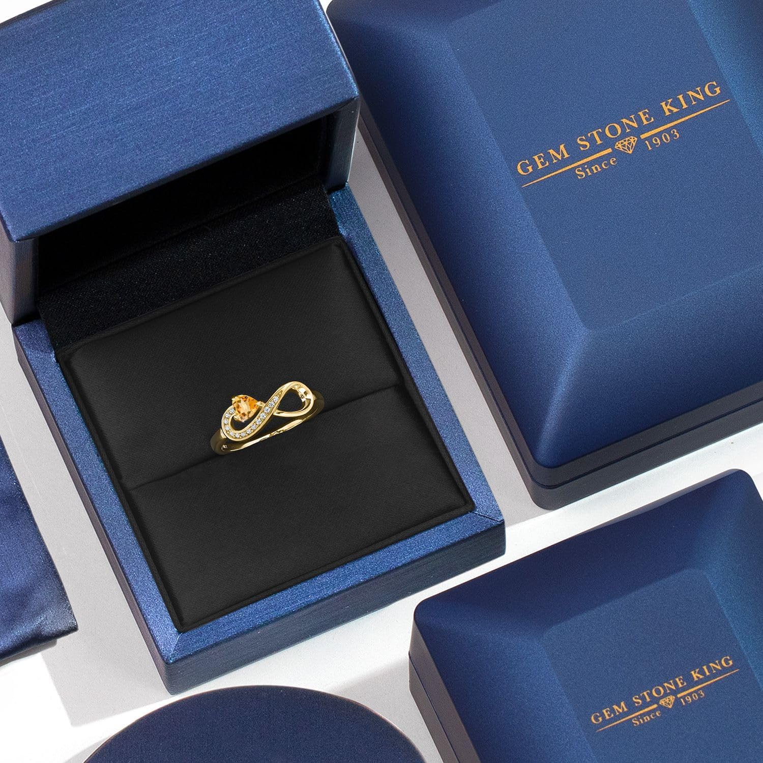 Gem Stone King 18K Yellow Gold Plated Silver Gemstone Birthstone Infinity Ring | Heart Shape 4MM | Wedding Engagement Anniversary Promise Ring For Women | Available in Size 5,6,7,8,9