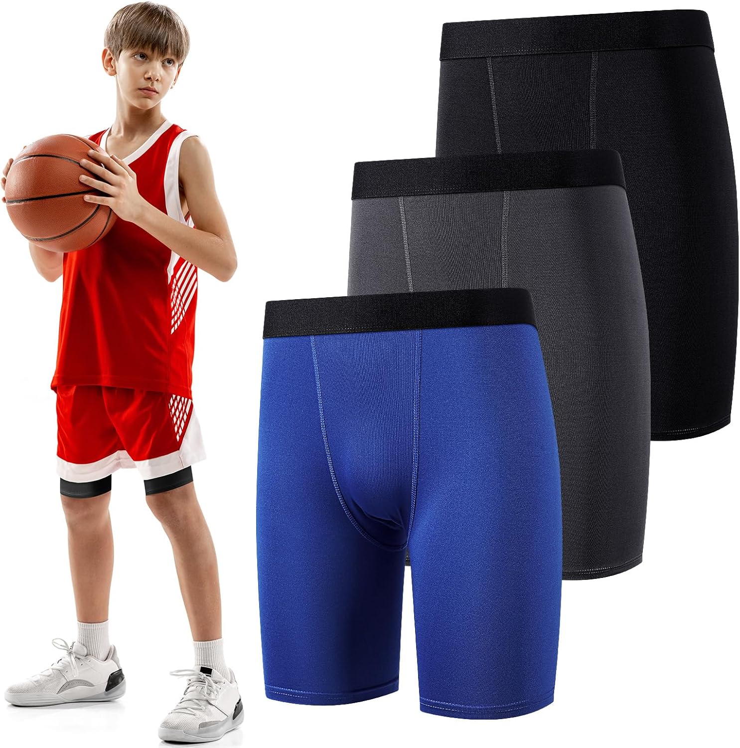 Hoolerry 3 Pcs Youth Boys Compression Shorts Athletic Underwear Sports Performance Boxer Briefs Spandex Underwear for Running