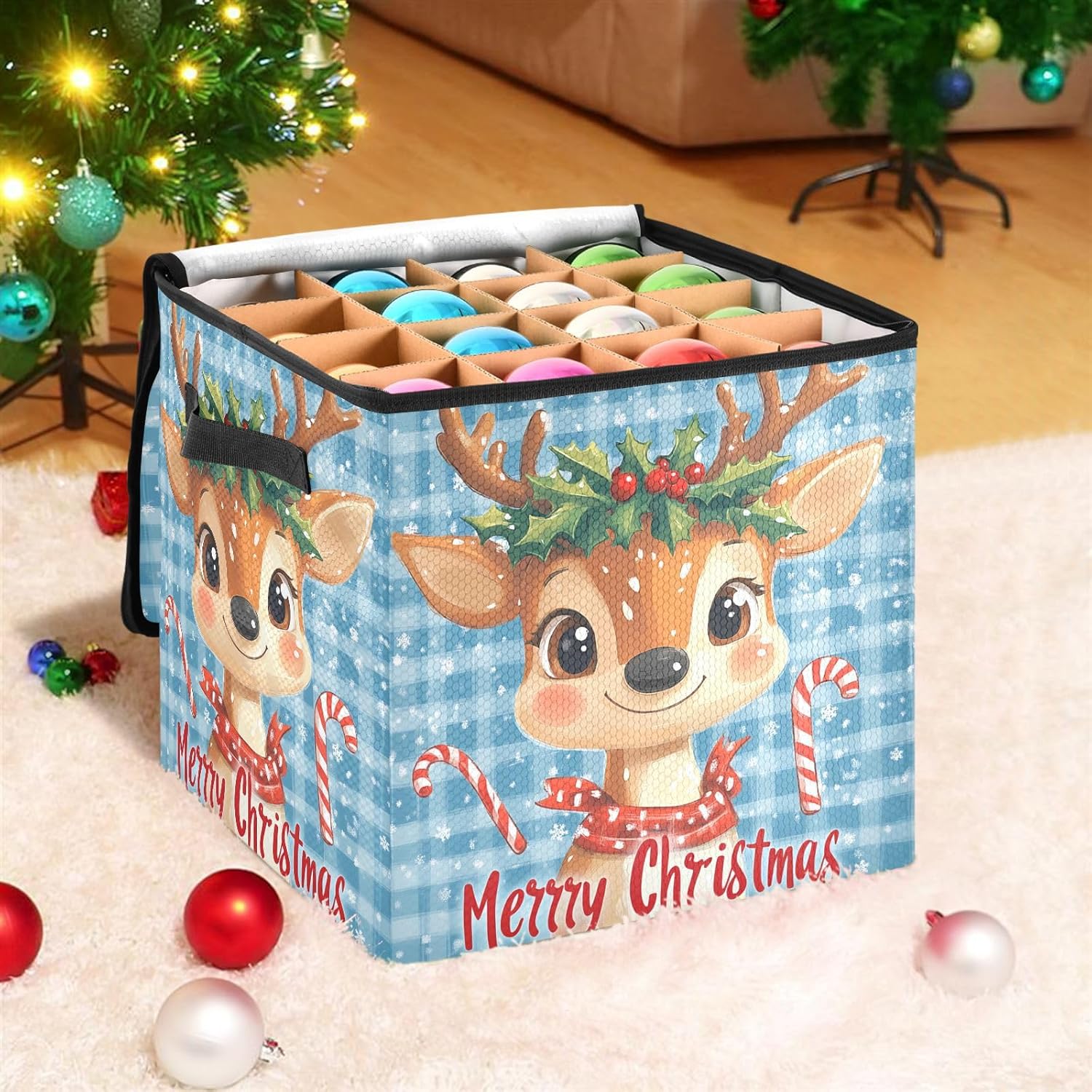 High Capacity Christmas ornament storage bag Holds Up to 64, Two Handles Foldable Holiday Storage Case with Lid,Christmas Deers Cute