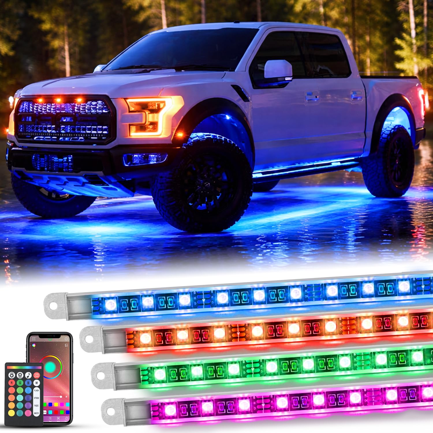 Nilight 4PCS Aluminum RGBW LED Underglow Strip Lights with APP &amp; Remote