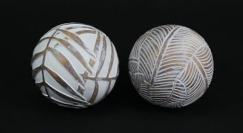 Mayrich Whitewashed Tropical Leaf Wood Look Decor Balls Set of 4 | 4-Inch Diameter Each, Polyresin Construction, Display in Centerpiece Bowls or Trays, Country Farmhouse Style