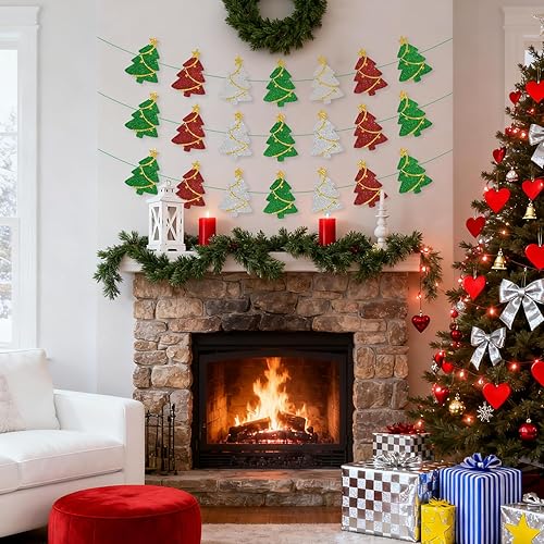 Miniatura 7 de 3 Set Pre-Strung Christmas Decorations,Glitter Christmas Tree Banner Garland for Winter Party,Mantle Decor,Xmas Door Wall Window Hanging